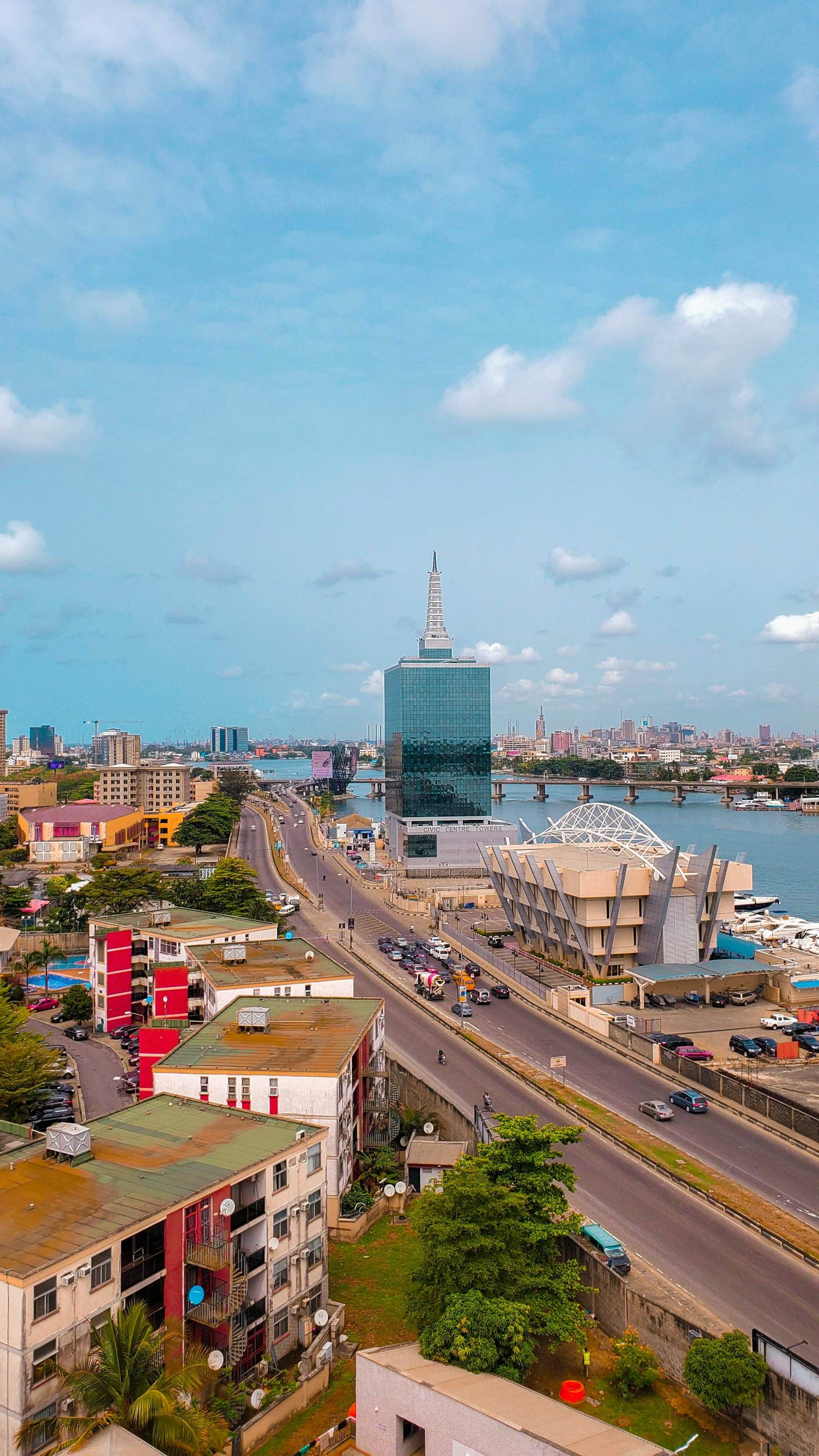 Aerial view of Lagos with the Civic Centre tower and lagoon